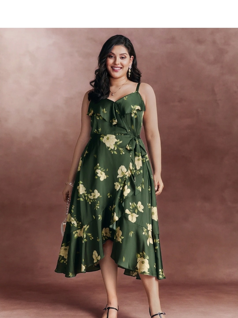 BloomChic Green Floral High-Low Wrap Dress